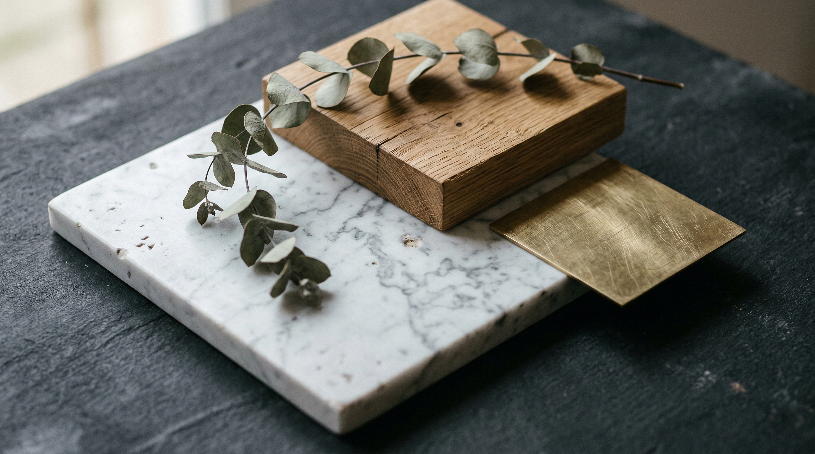 Interior design materials — marble, oak, brass